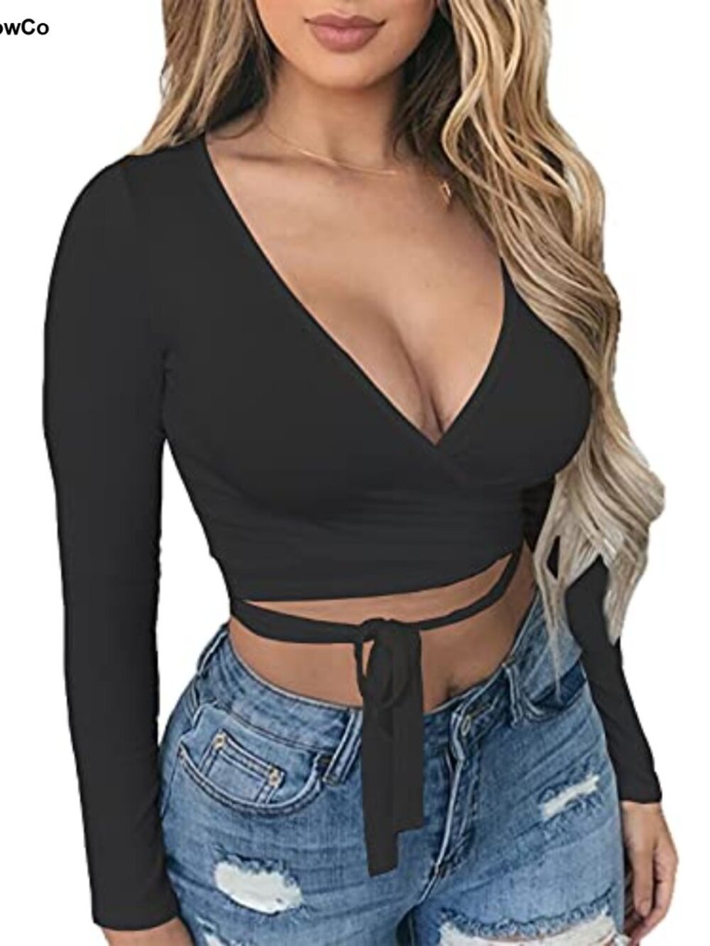Sexy Deep V Neck Crop Top Long Sleeve Wrap Tie Fitted Cotton Spandex